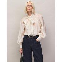 RO&ZO Lyocell Rich Tie Neck Button Through Blouse Cream