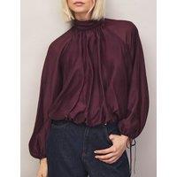 RO&ZO Lyocell Rich High Neck Tie Cuff Blouse Burgundy