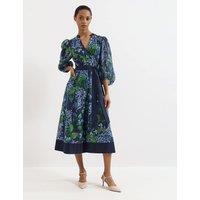 Phase Eight Floral V-Neck Belted Midi Skater Dress Navy Mix