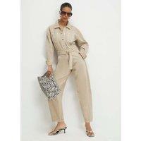 River Island Denim Belted Jumpsuit Beige