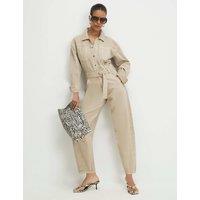 River Island Denim Belted Jumpsuit Beige