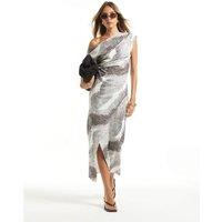 River Island Printed Off The Shoulder Midi Bodycon Dress Beige Mix