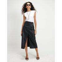 River Island Faux Leather Buckle Detail Midi Wrap Skirt Black
