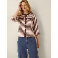 Monsoon Pure Cotton Jersey Striped Button Through Top Light Pink Mix