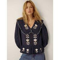 Monsoon Pure Cotton Tulip Embroidered Collared Blouse Navy Mix