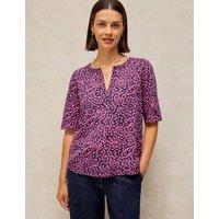 White Stuff Pure Cotton Printed Notch Neck T-Shirt Pink Mix
