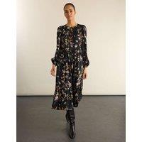 BAUKJEN Satin Floral Round Neck Midi Skater Dress Black