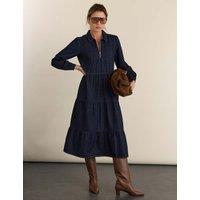 BAUKJEN Pure Cotton Denim Collared Midi Tiered Dress Blue