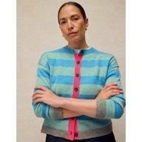 White Stuff Wool Blend Striped Crew Neck Cardigan Blue Mix