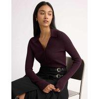 Albaray Ribbed V-Neck Button Detail Top Burgundy
