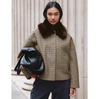 Albaray Wool Blend Checked Faux Fur Collar Jacket Brown Mix