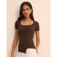 Nobody's Child Cotton Rich Ribbed Square Neck Asymmetric Fitted T-Shirt Brown