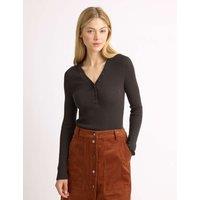 Albaray Ribbed V-Neck Button Detail Top Brown