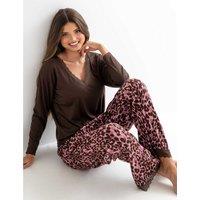 Pour Moi Ribbed Brushed Leopard Trim Pyjama Set Pink Mix
