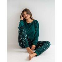 Pour Moi Fleece Heart Print Pyjama Set Dark Green Mix