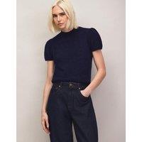 RO&ZO Alpaca & Wool Blend Puff Sleeve Knitted Top Navy