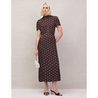 RO&ZO Polka Dot Puff Sleeve Midi Waisted Dress Brown Mix