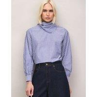 RO&ZO Pure Cotton Striped Scarf Neck Blouse Light Blue Mix