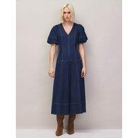 RO&ZO Denim V-Neck Puff Sleeve Midi Wasited Dress Blue Denim
