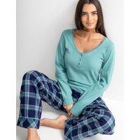 Pour Moi Ribbed Lace Trim Checked Pyjama Set Navy Mix