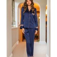 Pour Moi Dusk Satin and Lace Revere Collar Pyjama Set Navy Mix