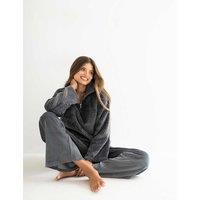 Pour Moi Cosy Zip Fleece Wide Leg Pyjama Set Charcoal