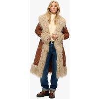 Superdry & Co Faux Fur Trim Longline Afghan Coat Brown Mix