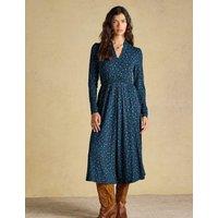 Joules Jersey Spot Print V Neck Midi Skater Dress Blue Mix