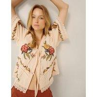 Monsoon Floral Embroidered Tie Front V-Neck Blouse Cream Mix