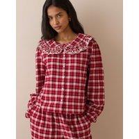 Nobody's Child Pure Cotton Brushed Checked Frill Pyjama Top Red