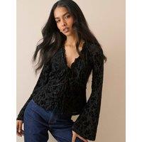 Nobody's Child Devore Tie Front Frill Detail Top Black