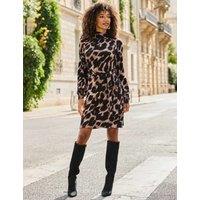 SOSANDAR Animal Print Funnel Neck Mini Shift Dress Brown Mix