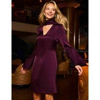 SOSANDAR Satin Tie Neck Mini A-Line Shift Dress Plum