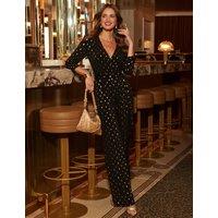SOSANDAR Metallic Tie Detail Wide Leg Waisted Jumpsuit Black Mix
