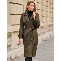 SOSANDAR Faux Suede Double Breasted Long Trench Coat Khaki