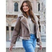 SOSANDAR Faux Shearing Aviator Jacket Natural