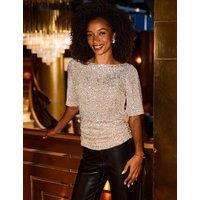 SOSANDAR Sequin Slash Neck Angel Sleeve Top Gold Mix