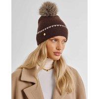 Katie Loxton Knitted Faux Fur Pom Beanie Hat Chocolate
