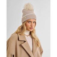 Katie Loxton Knitted Faux Fur Pom Beanie Hat Taupe