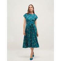 HOBBS Satin Floral Knee Length Skater Dress Blue Mix