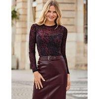 SOSANDAR Mesh Animal Print Top Burgundy Mix