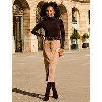 SOSANDAR Faux Suede Split Front Midi Pencil Skirt Taupe