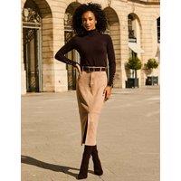 SOSANDAR Faux Suede Split Front Midi Pencil Skirt Taupe
