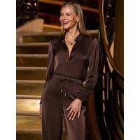 SOSANDAR Satin Collared Button Through Shirt Brown
