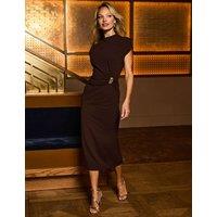 SOSANDAR Crepe High Neck Ruched Midi Waisted Dress Brown