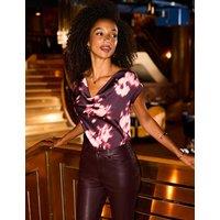 SOSANDAR Satin Floral Cowl Neck Top Burgundy Mix