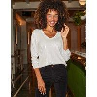 SOSANDAR Sequin V-Neck Relaxed Jumper White