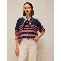 White Stuff Textured Striped V-Neck Jumper with Wool Navy Mix