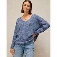 White Stuff Textured Flecked V-Neck Jumper with Wool Blue