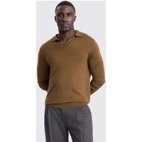 MOSS Merino Wool Rich Knitted Polo Shirt Brown